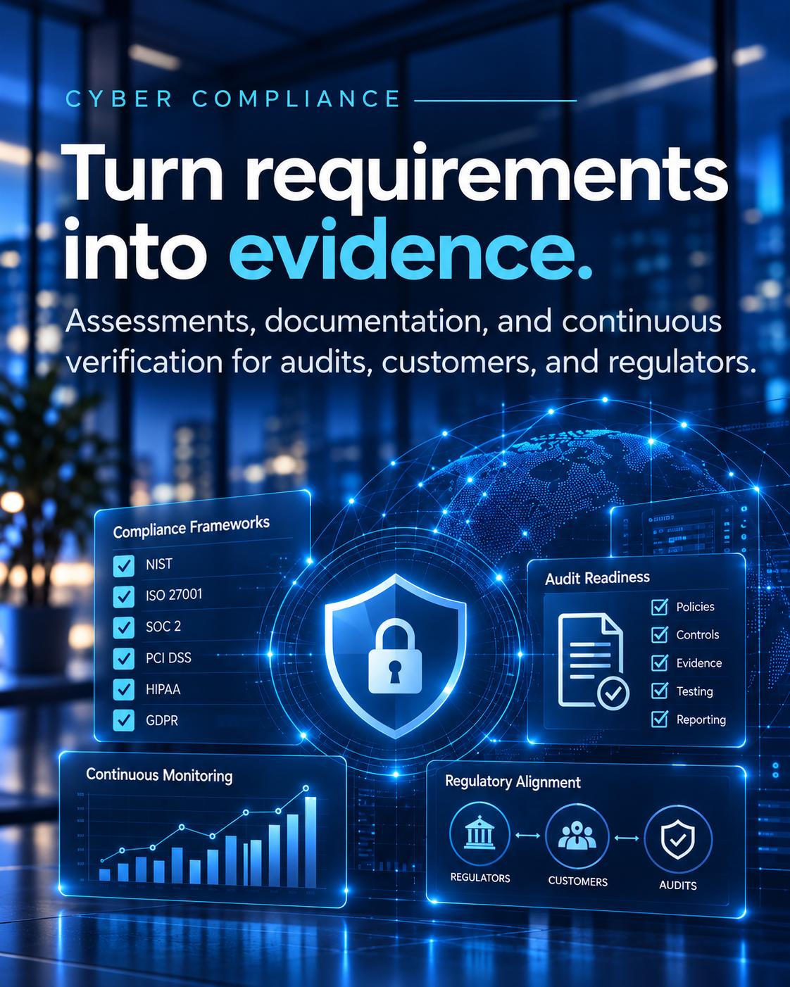 Turn requirements into evidence. Assessments, documentation, and continuous verification for audits, customers, and regulators.